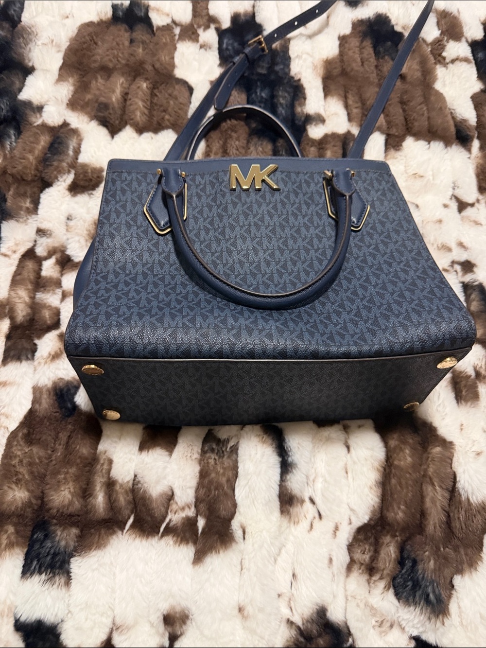 Michael Kors Dark Navy Logo Satchel with Gold Hardware